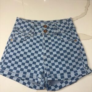 High-Waist Checkerboard Denim Shorts